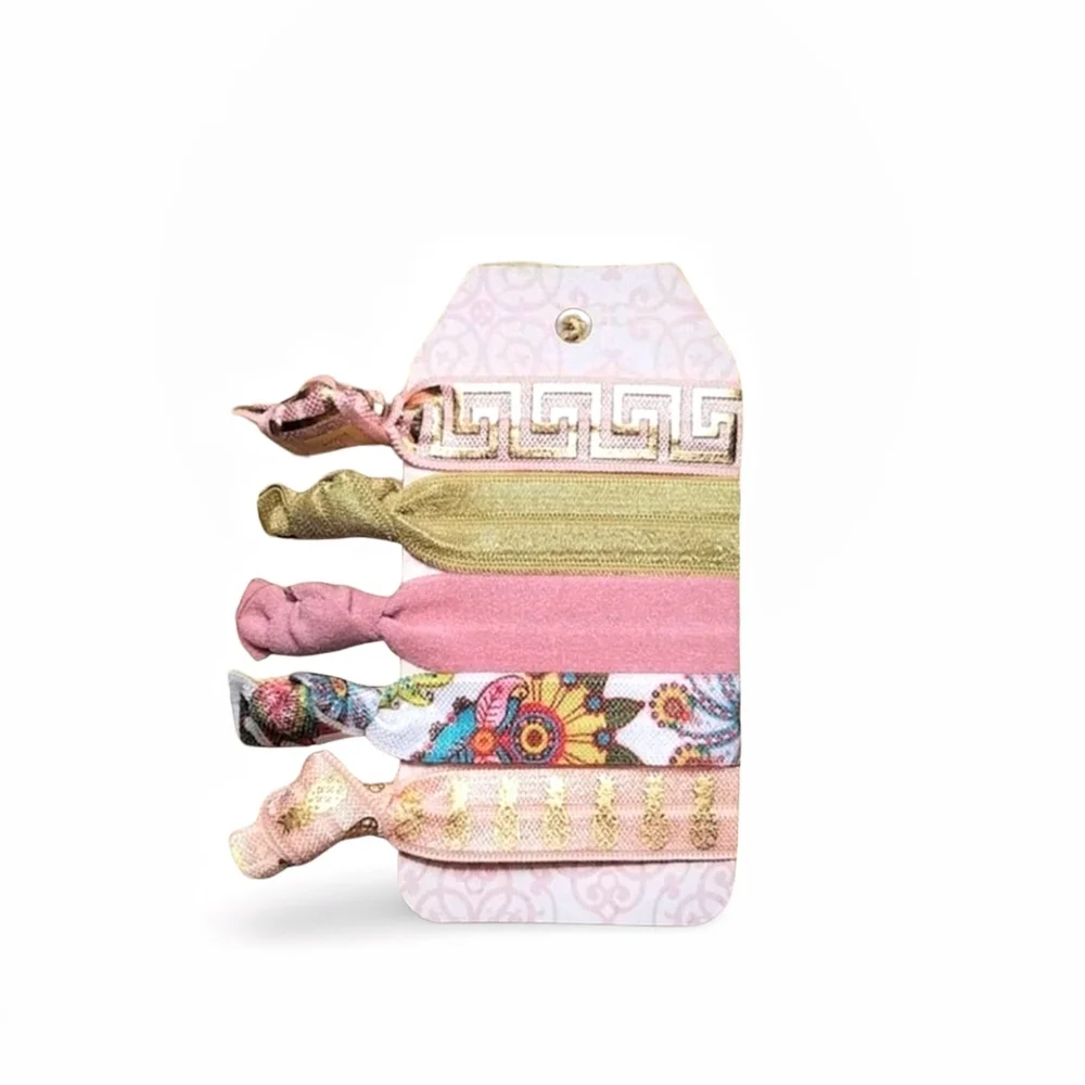 Pink & Gold Theme 5-Pack Handmade No Crease FOE Pastel Elastic Hair Ties